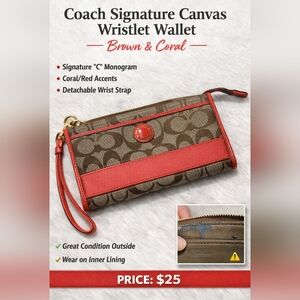 Coach Signature Canvas Wristlet Wallet Brown & Coral